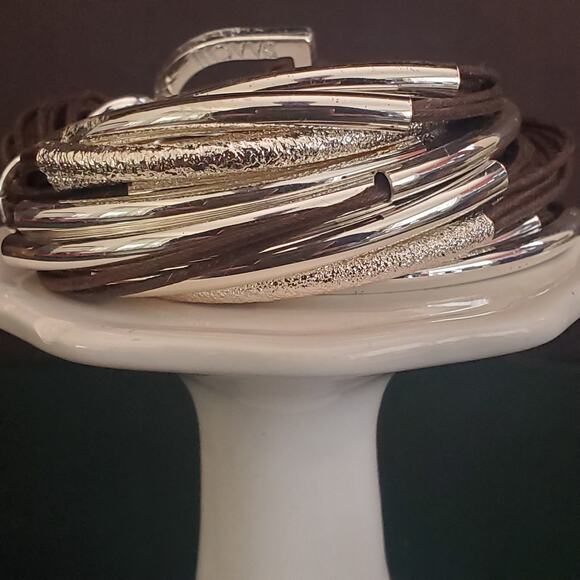 Saachi Multi-strand Statement Bracelet Dark‎ Brown Cords with Silver Tone Bars - Picture 2 of 10